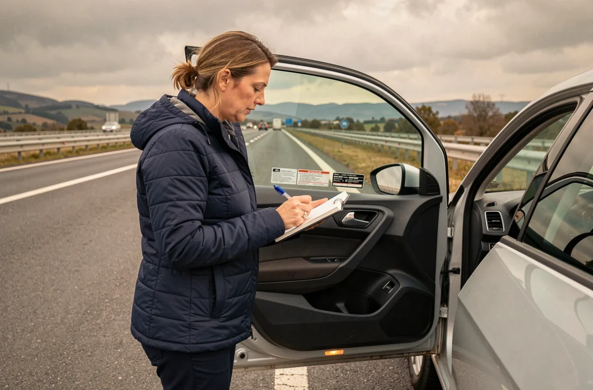 Femme consultant l'étiquette de pression de gonflage sur la portière d'une Seat Ibiza argentée sur le bord d'une autoroute