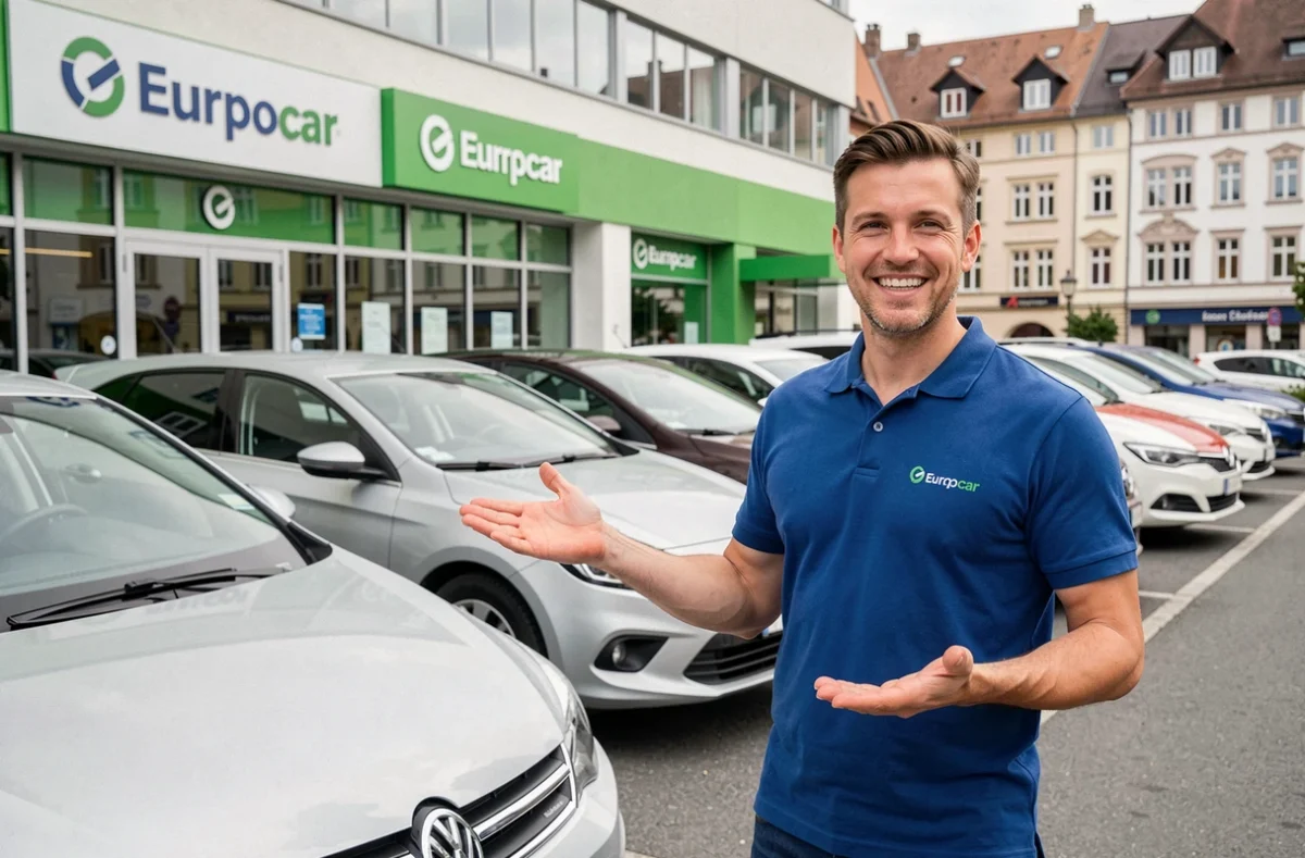 Agent Europcar en polo bleu devant une flotte de véhicules variés dans une agence du Grand Est