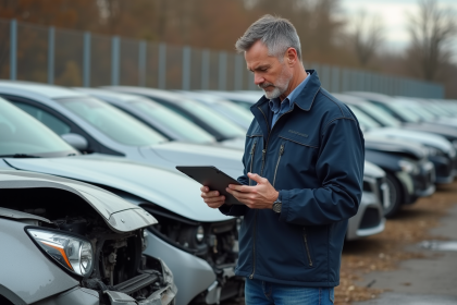 Expert automobile examinant une voiture accidentée en yard