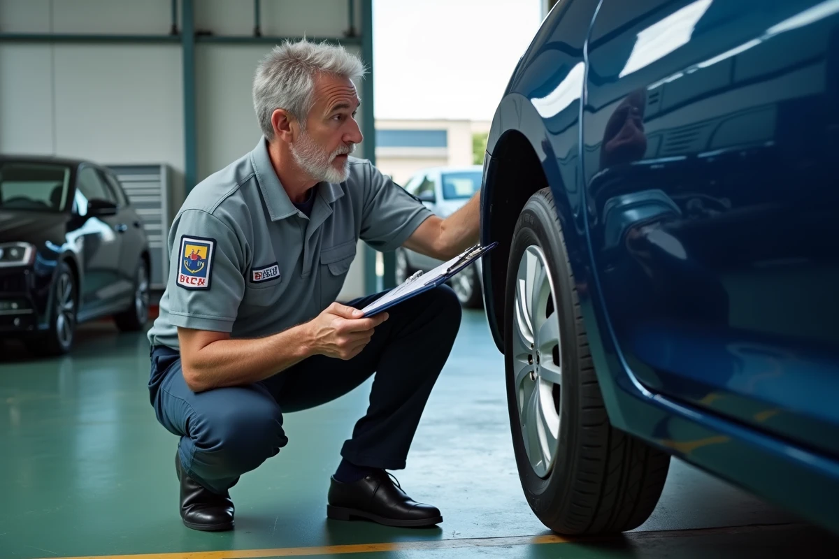 Un expert automobile inspecte l'état d'un véhicule lors d'une expertise de rachat cash en concession