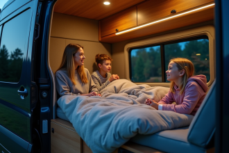 Famille dans un van moderne en forêt la nuit