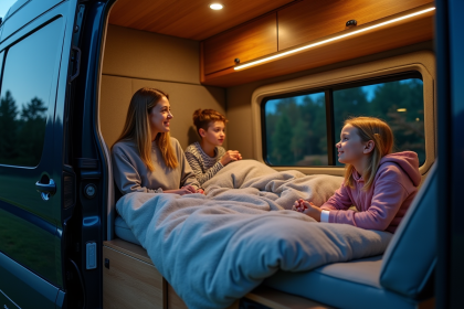 Famille dans un van moderne en forêt la nuit