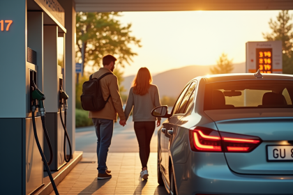 Famille française faisant le plein sous un soleil brillant