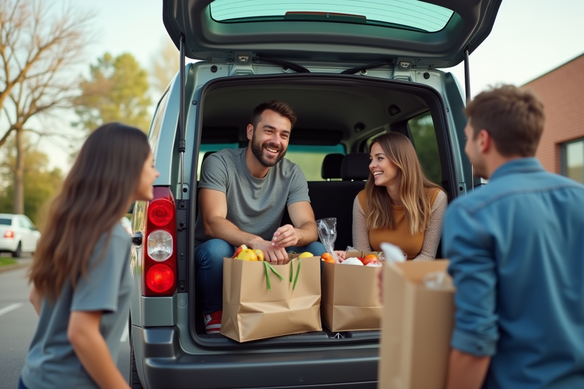 Famille heureuse chargeant des courses dans un Peugeot Partner Tepee