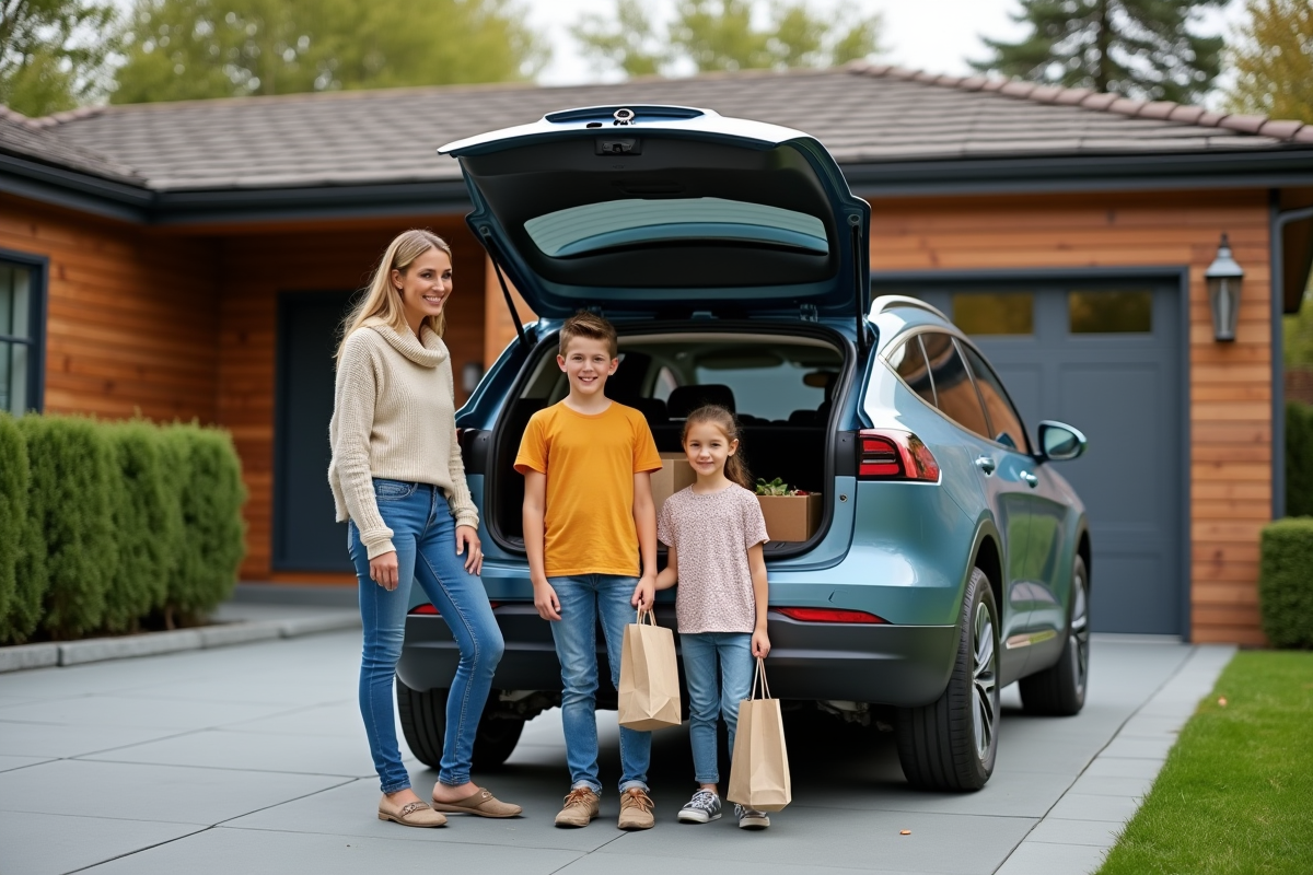 Famille heureuse près d’un SUV électrique dans la cour