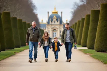 Famille devant le château de Versailles en promenade