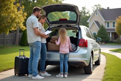 Famille devant sa voiture en préparation de voyage