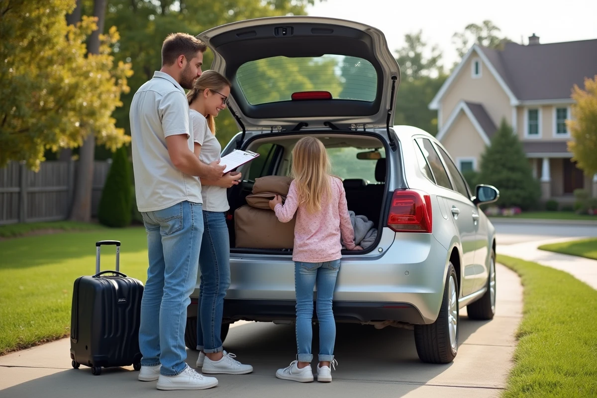 Famille devant sa voiture en préparation de voyage