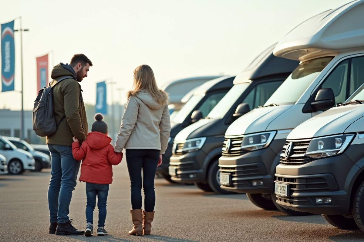 Famille avec enfant examine différents vans de camping