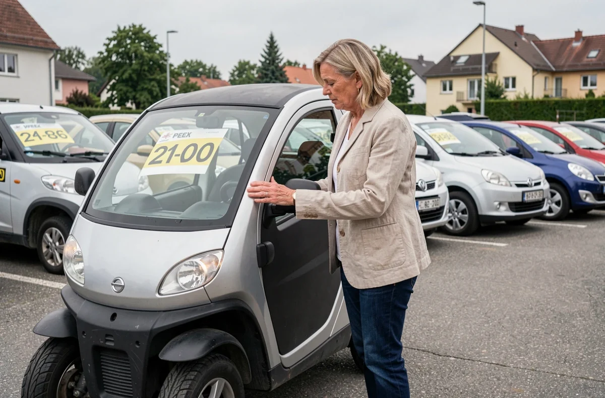 Femme examinant une voiture sans permis d'occasion dans un concessionnaire de la banlieue de Strasbourg