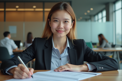 Jeune femme d'affaires examine des documents dans un bureau