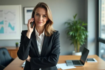 Femme d affaires au bureau avec smartphone en main