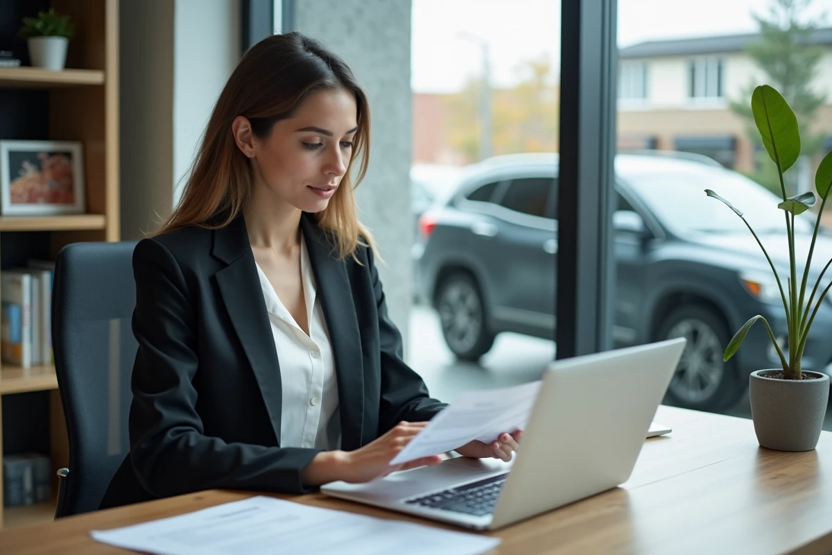 Femme en bureau examinant documents d