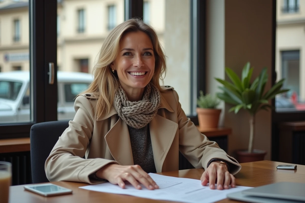 Femme discutant assurance voiture vintage dans un bureau français