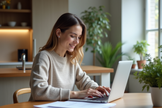 Femme en ligne pour assurance auto dans une cuisine moderne