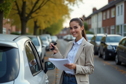 Femme souriante avec documents d'assurance voiture en extérieur