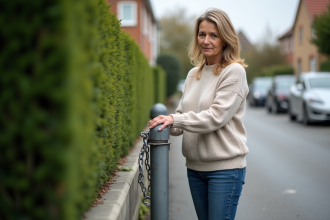 Femme attachant un cadenas à un poteau de parking dans un quartier résidentiel