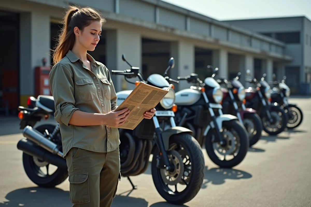 Jeune femme tenant un manuel à côté de motos Kawasaki KZ400J