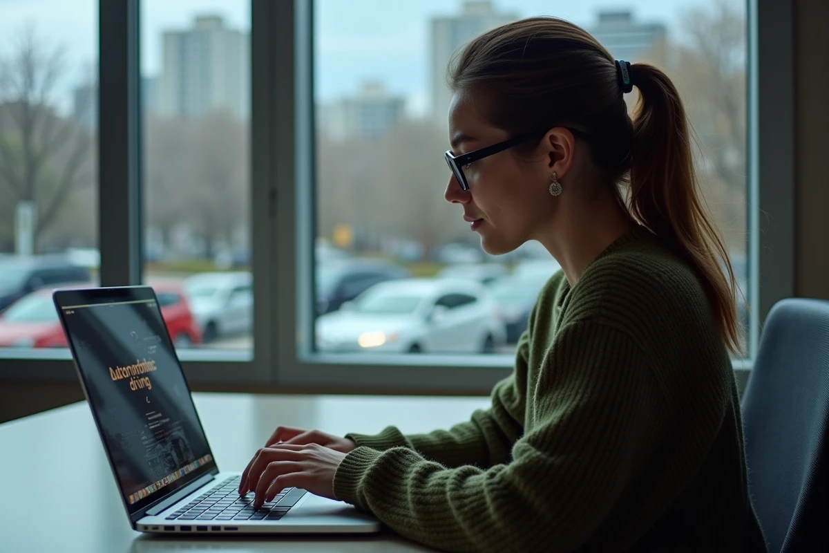 Jeune femme au bureau avec ordinateur portable autonome