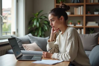 Femme concentrée travaillant sur son ordinateur à la maison