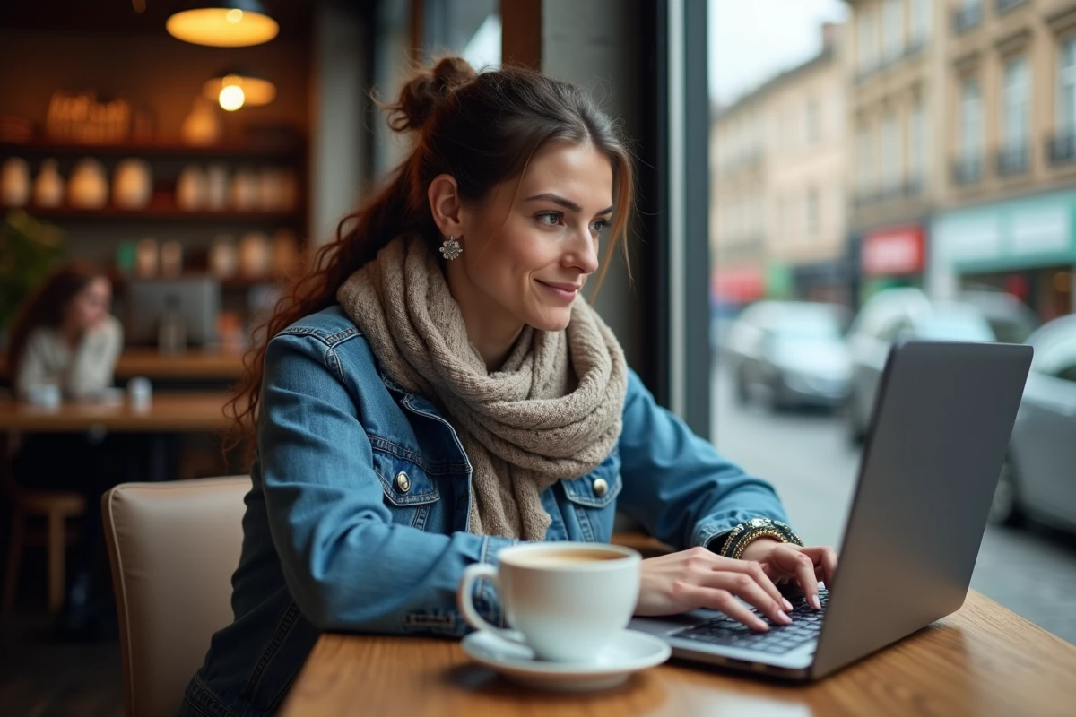 Femme au café ajoutant une chanson à sa playlist musicale