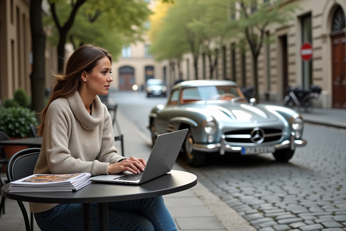 Femme assise au café avec une Mercedes 300 SL en arrière-plan
