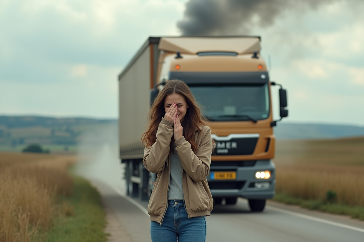 Jeune femme regardant un camion de livraison émettre des fumées en campagne
