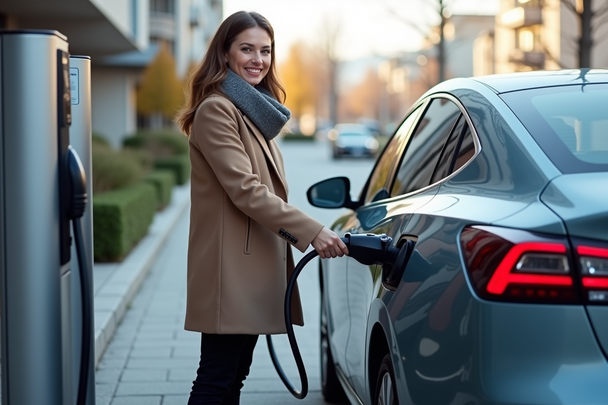 Jeune femme débranche voiture hybride électrique en ville