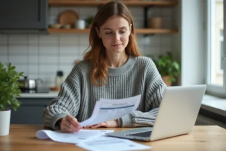 Femme comparant des offres d'assurance auto sur ordinateur portable avec des documents imprimés sur une table en bois