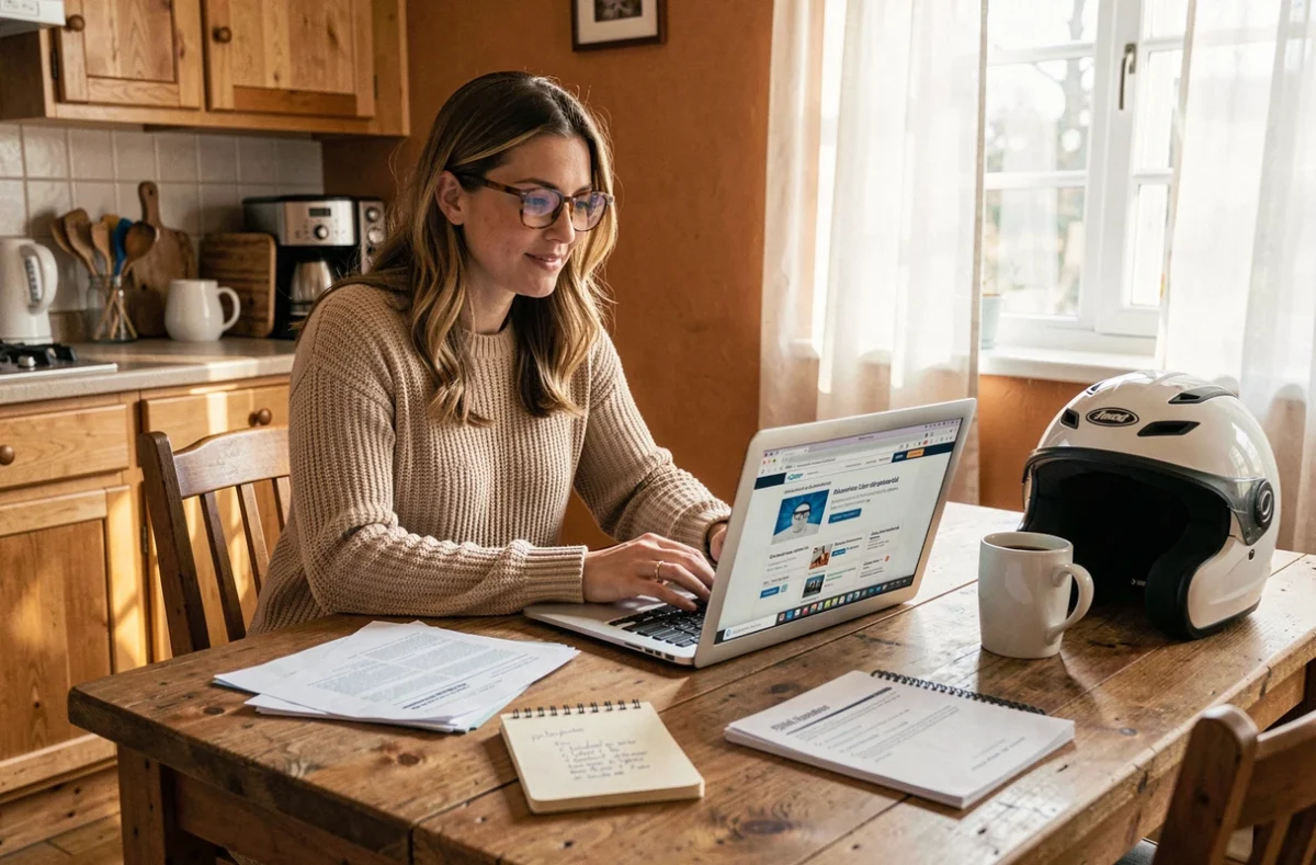 Femme comparant des offres d'assurance moto 125 cc sur son ordinateur portable à la maison avec des documents imprimés