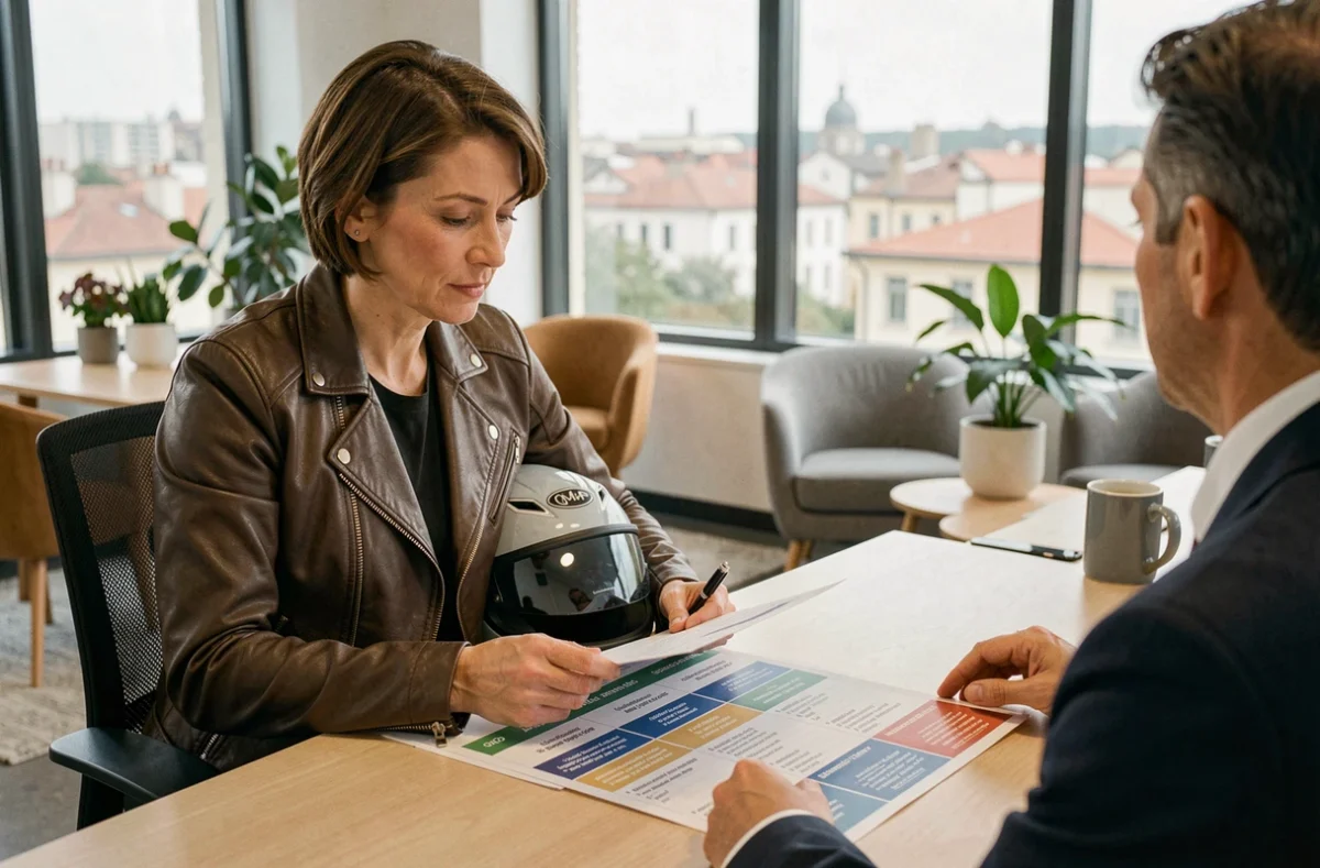 Femme motarde en consultation avec un courtier pour comparer des assurances moto à Toulouse