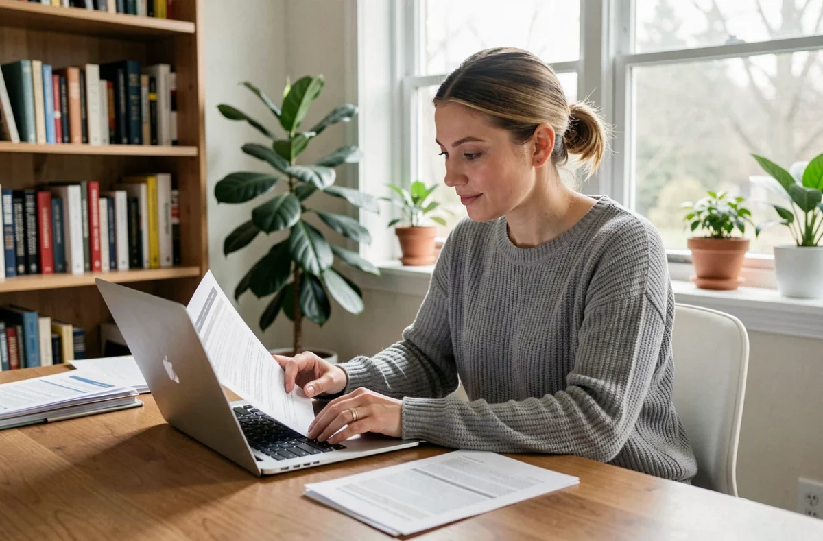 Femme consultant des documents d'assurance moto sur un bureau, comparant les tarifs d'assurance pour une moto 125cc selon son profil