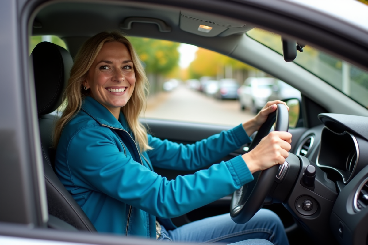 Femme souriante au volant d'une voiture en banlieue
