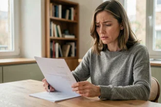 Femme consultant son contrat d'assurance auto à domicile pour envisager un changement en cours d'année