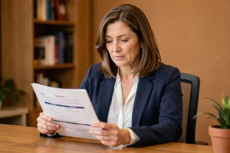 Femme consultant un contrat d'assurance auto La Poste à son bureau