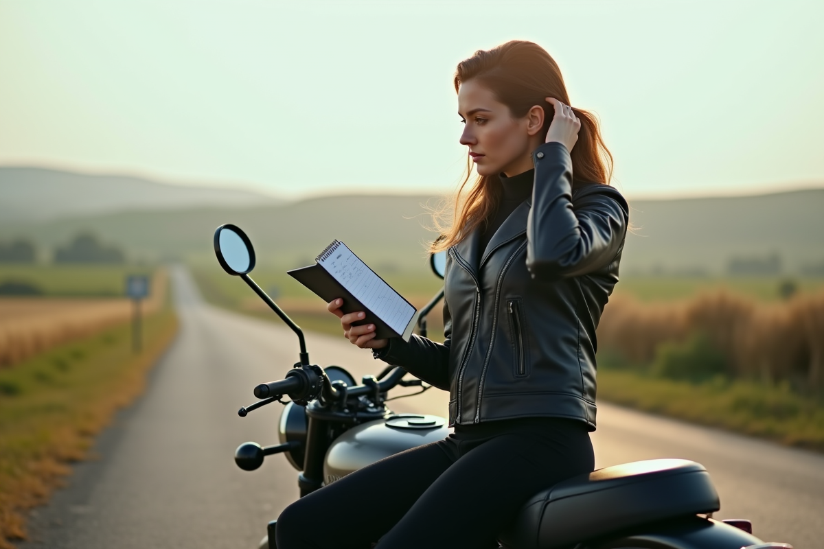 Femme assise sur sa moto en campagne en notant ses consommations