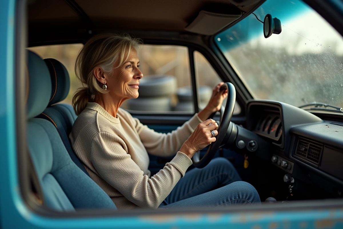 Femme examinant le tableau de bord d