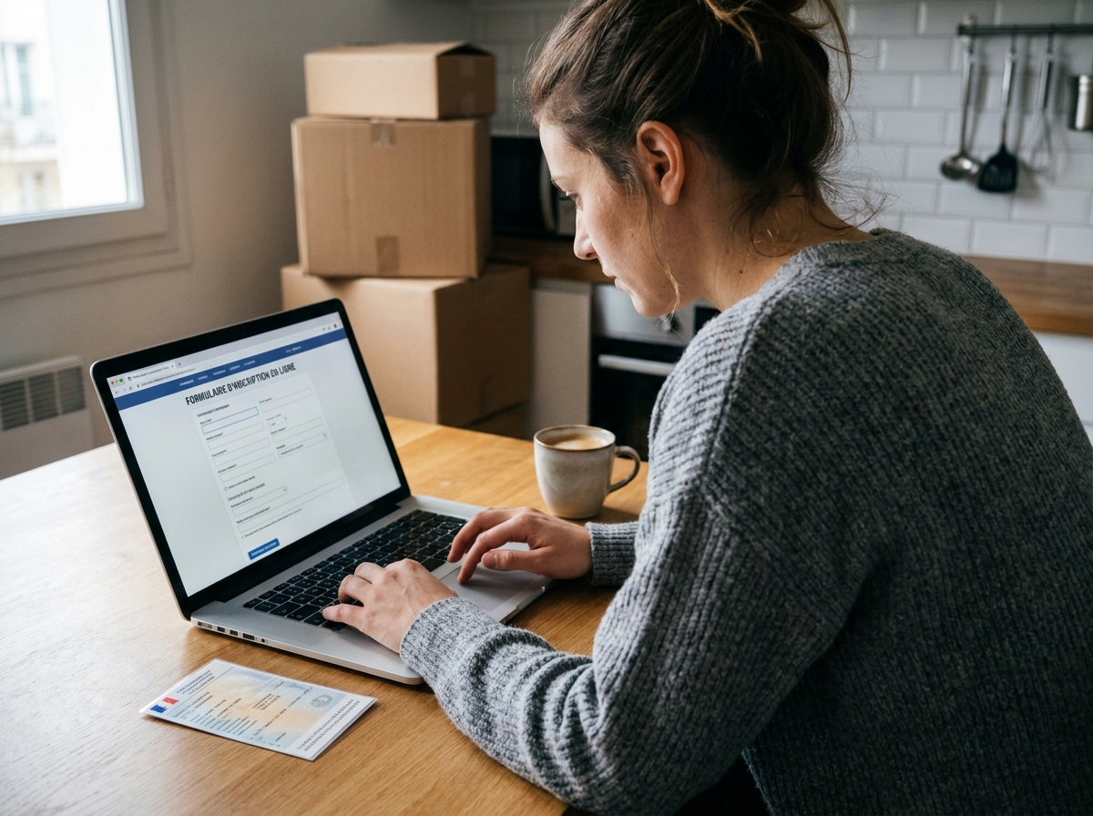 Femme faisant sa demande de changement d'adresse sur carte grise en ligne depuis son appartement