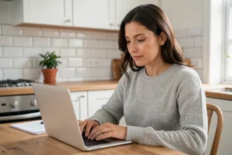 Femme comparant des devis d'assurance voiture en ligne sur son ordinateur portable dans une cuisine moderne