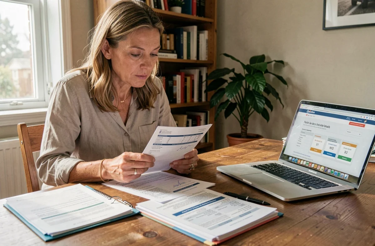 Femme consultant des documents d'assurance et de carte grise pour un moteur diesel d'occasion à son bureau