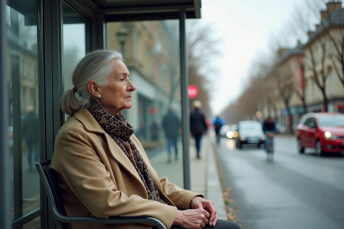 Femme âgée au arrêt de bus à Chambéry observant la circulation