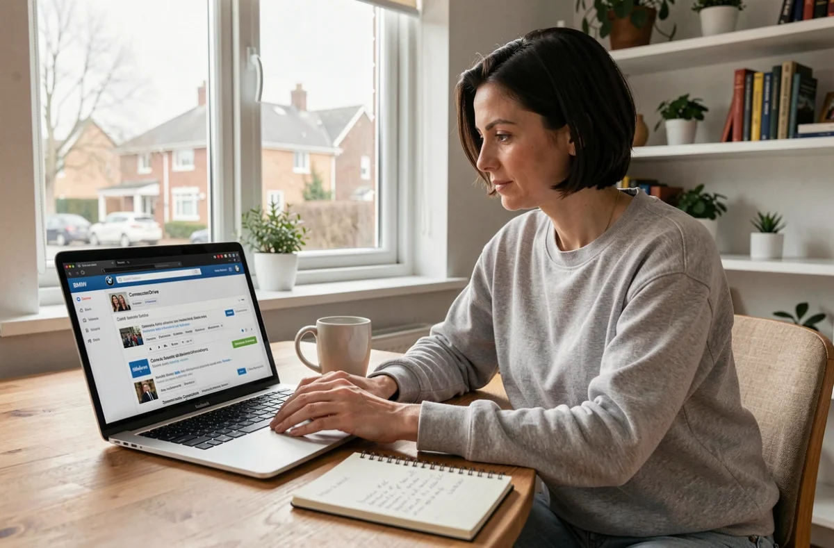 Femme consultant un forum BMW en ligne sur un ordinateur portable depuis un bureau à domicile avec des notes manuscrites