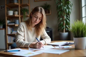 Femme française remplissant papiers de voiture à la maison