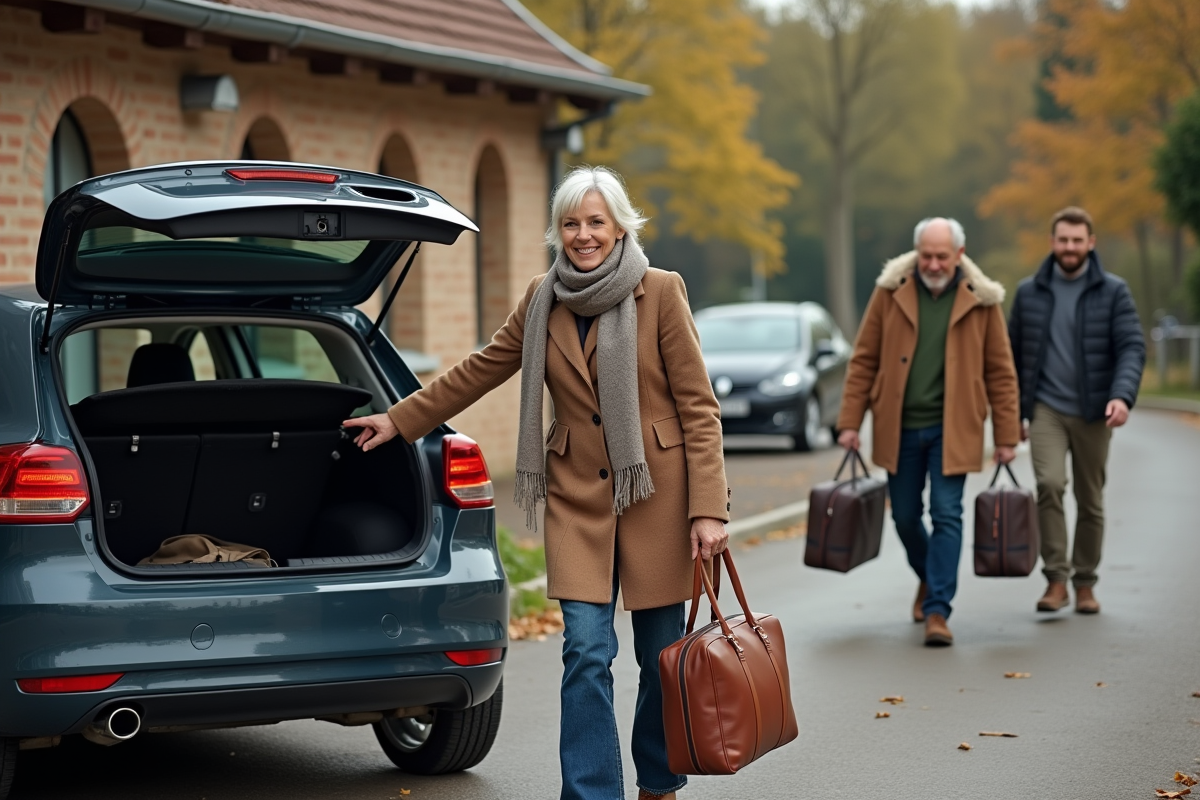 Femme saluant des voyageurs devant une gare rurale en automne