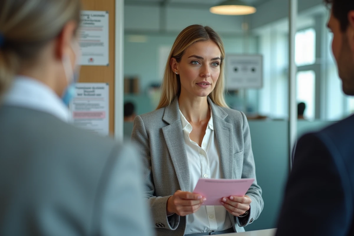 Une femme remettant son ancien permis de conduire trois volets au guichet d'une préfecture française