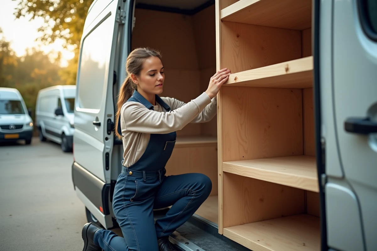 Jeune femme posant des étagères dans une van aménagée