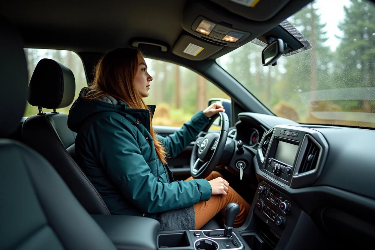 Femme explorant tableau de bord d’un SUV en forêt