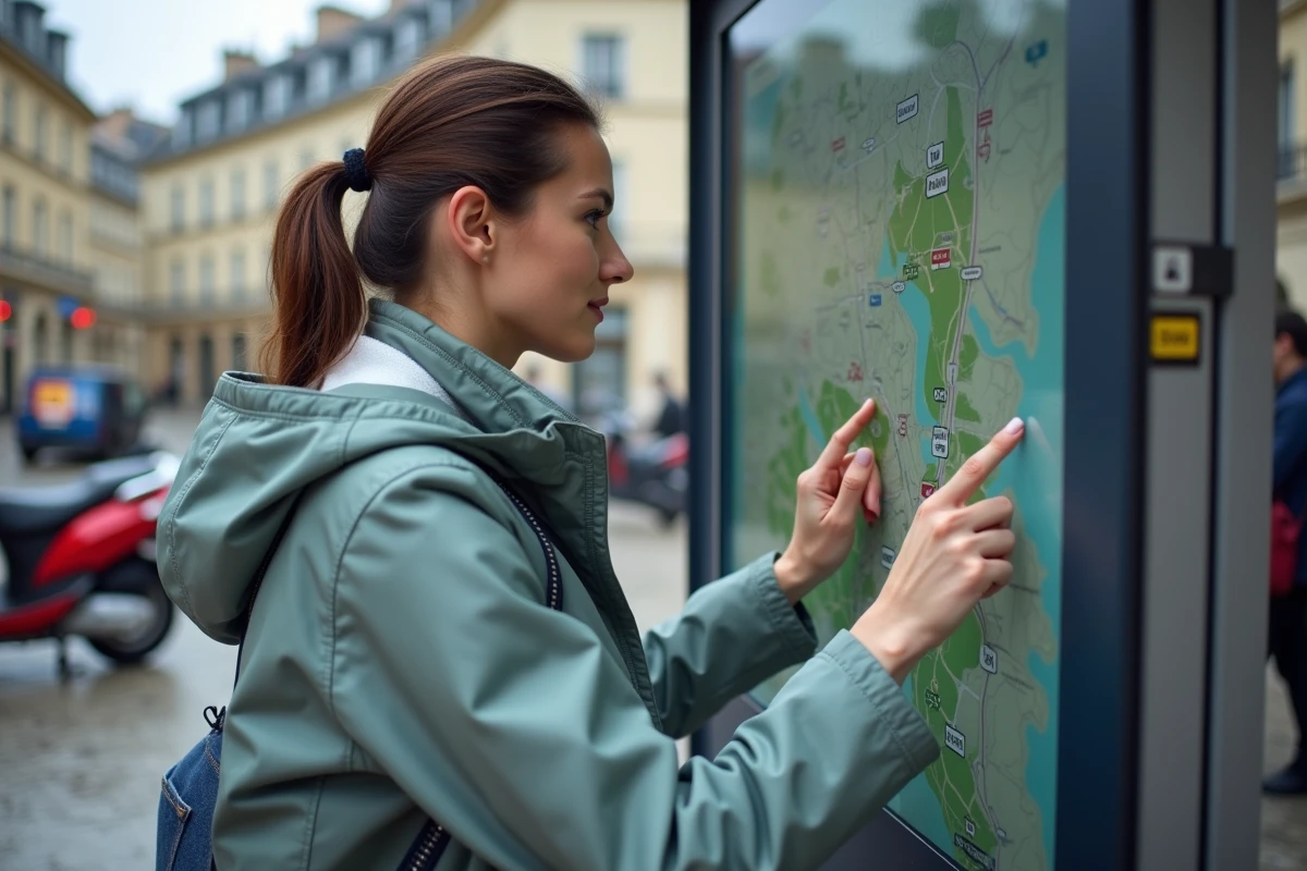 Jeune femme regardant une carte numérique à un kiosque