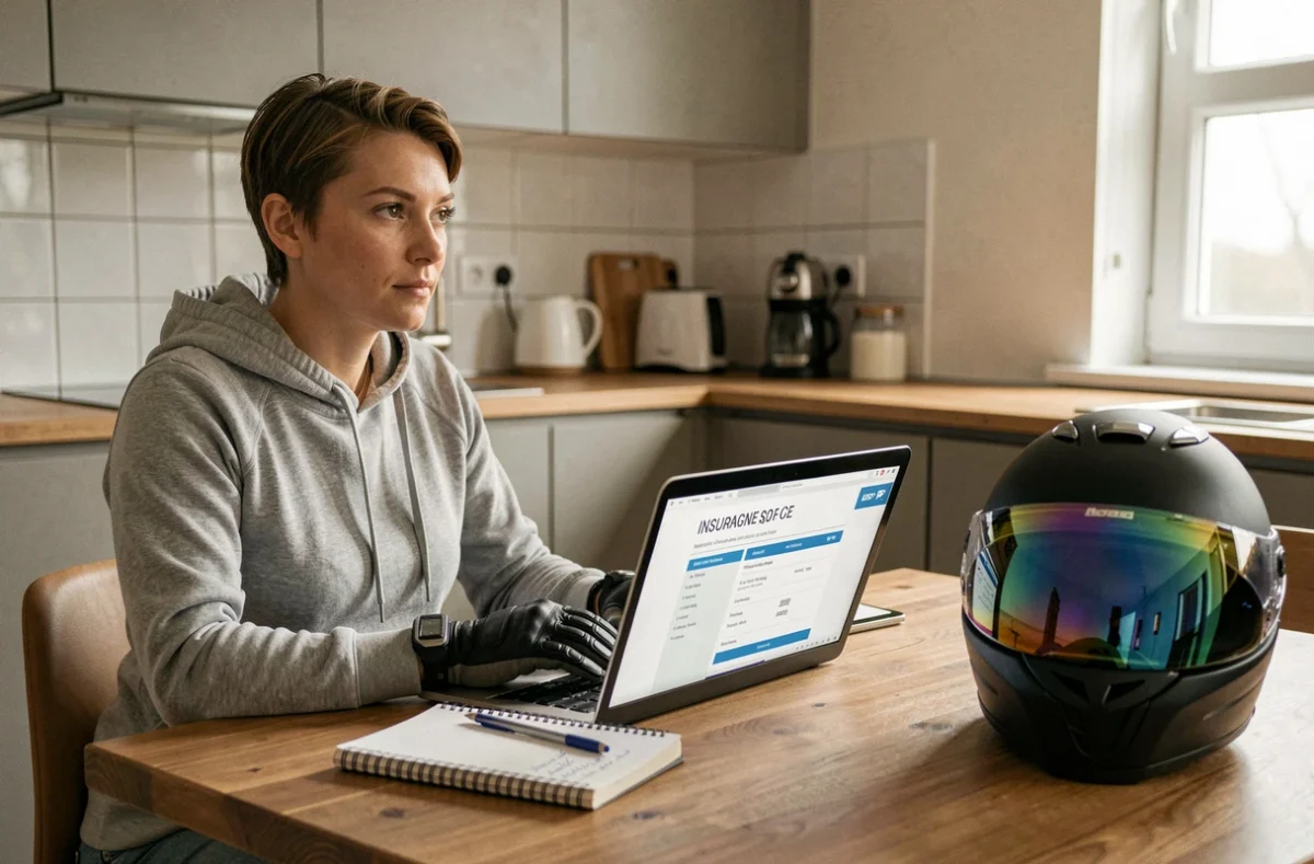 Femme motarde recherchant une assurance moto économique sur ordinateur portable à la maison avec un casque posé sur la table
