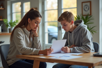 Femme d'âge moyen avec son fils regardant documents d'assurance auto